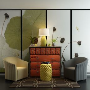 新中式单椅边柜组合