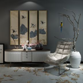 新中式单椅电视柜陈设品组合