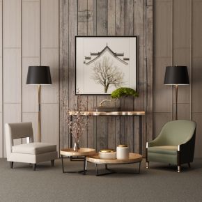 新中式单椅茶几组合