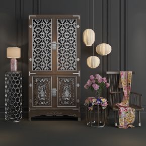 中式单椅置物柜组合