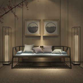 新中式沙发落地灯组合