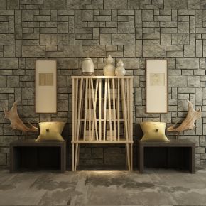 新中式单椅边柜组合