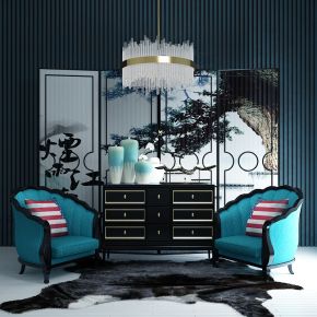 中式单椅边柜陈设品组合