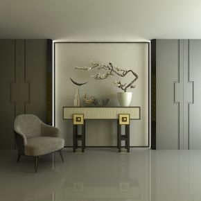 新中式单椅边柜组合