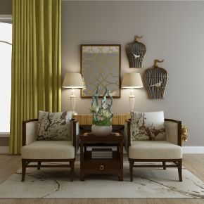 新中式单椅边几边柜组合