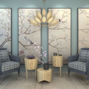 新中式单椅边几组合