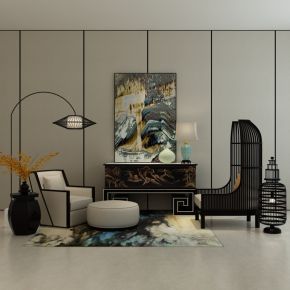 新中式单椅边柜陈设品组合