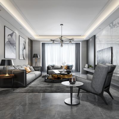 现代客厅餐厅沙发餐桌电视柜吊灯装饰画