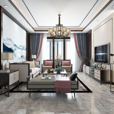 新中式客厅沙发电视柜吊灯装饰画