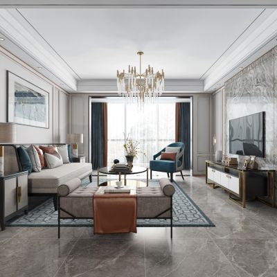 新中式客厅沙发电视柜装饰画吊灯