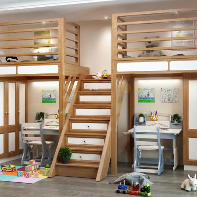 现代儿童房 双人床 儿童书桌 座椅