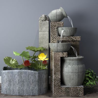 植物，小品，假山，喷泉