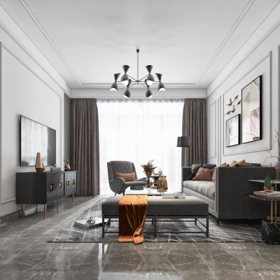 现代客厅餐厅沙发餐桌电视柜装饰画吊灯
