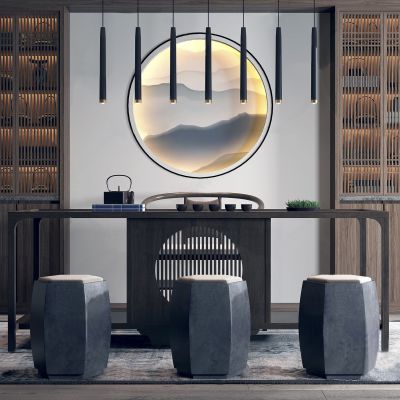 新中式茶桌椅吊灯组合