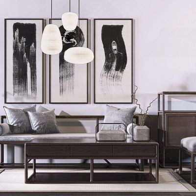 中式木纹椅子、茶几、装饰画组合