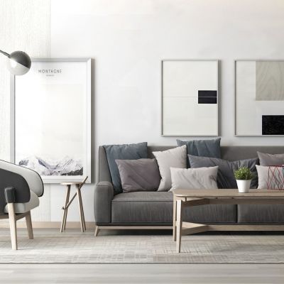 简约灰色沙发、茶几组合