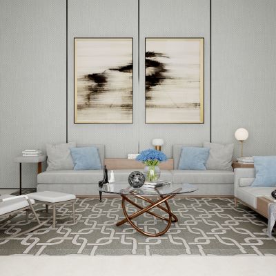 现代布艺多人沙发茶几组合