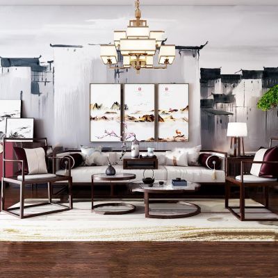 新中式沙发茶几吊灯组合