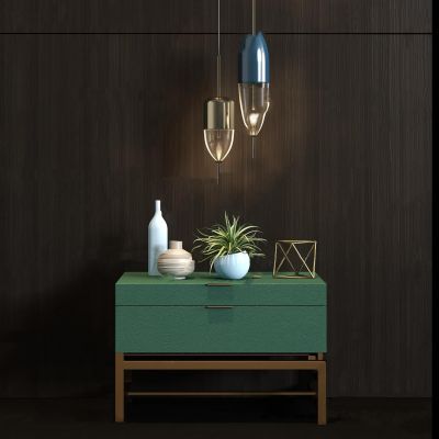 后现代绿色床头柜、摆件、吊灯组合