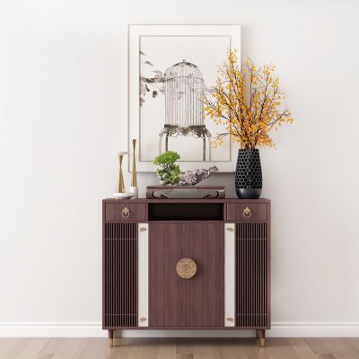 新中式实木装饰柜挂画摆件组合