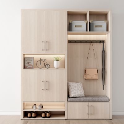 现代木纹鞋柜摆件组合