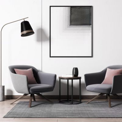 北欧现代单人沙发、茶几、落地灯组合