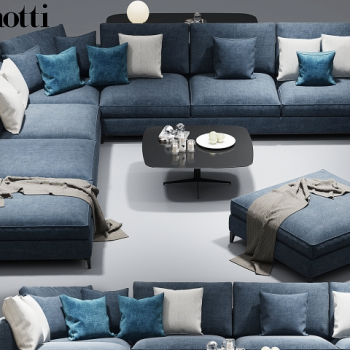 意大利minotti做旧蓝色沙发、茶几组合