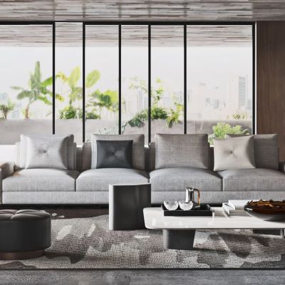 现代混搭灰色沙发、黑色茶几组合