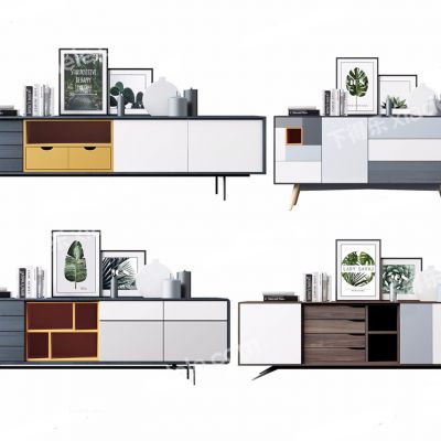 北欧简约实木边柜、装饰画、陶瓷组合