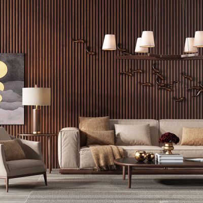 新中式混搭麻布沙发、吊灯、茶几组合