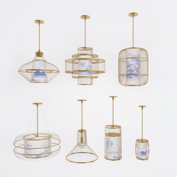 中式木框青花瓷吊灯