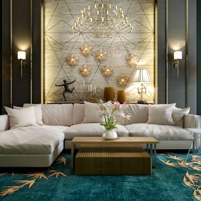 美式混搭沙发、茶几、落地灯组合