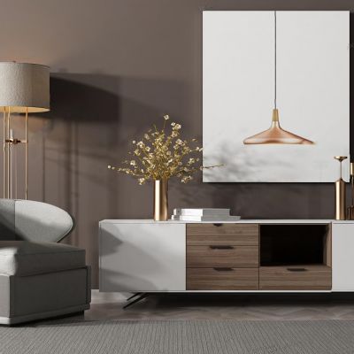 现代简约单人沙发、装饰柜、装饰画、摆件组合