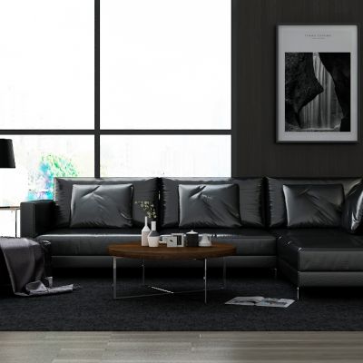 工业风黑色皮质沙发茶几落地灯组合