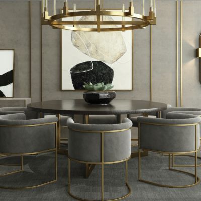 后现代餐厅、吊灯、装饰画组合