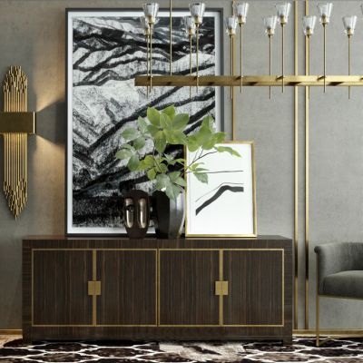 后现代边柜吊灯装饰画盆栽组合