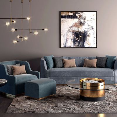 现代做旧蓝色绒面沙发、吊灯、装饰画组合