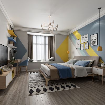 北欧卧室电视柜装饰画吊灯