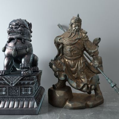 关羽，关公，青铜雕像，石狮子