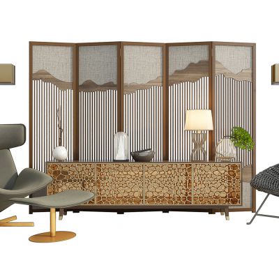 现代中式电视柜中式屏风椅子饰品组合