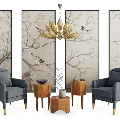 新中式沙发吊灯屏风组合