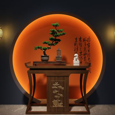 玄关背景墙，端景台，盆栽