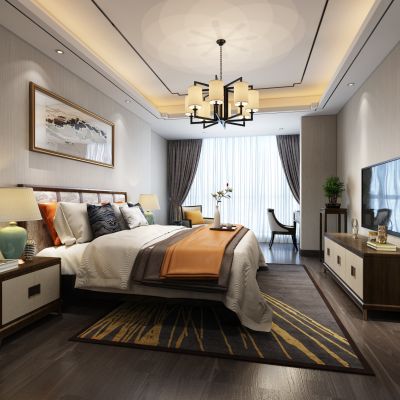 新中式卧室电视柜装饰画吊灯