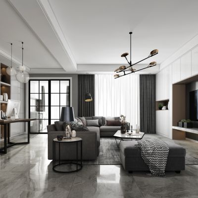 现代极简黑白灰客厅餐厅沙发电视柜餐桌装饰画吊灯