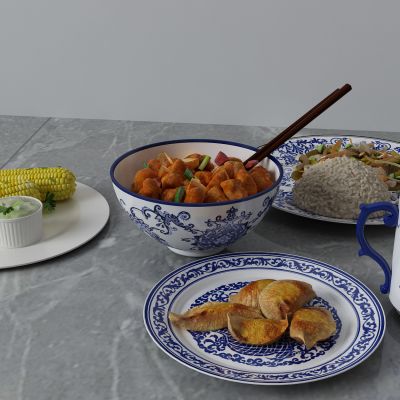 米饭，盘子，食物，玉米，饺子