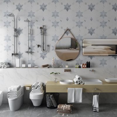 花洒，马桶，台盆，毛巾，镜子