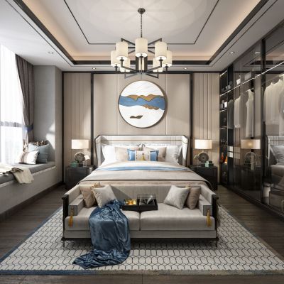 新中式卧室床电视柜吊灯装饰画