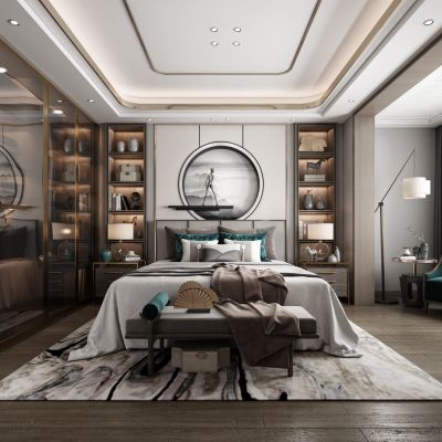 新中式卧室床电视柜吊灯装饰画