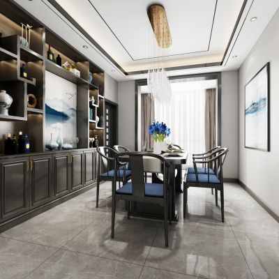 新中式客厅餐厅沙发餐桌电视柜吊灯装饰画