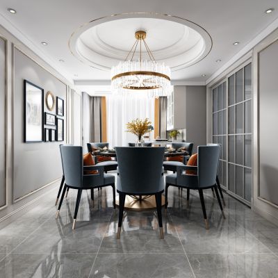 简美轻奢客厅餐厅沙发餐桌电视柜吊灯装饰画